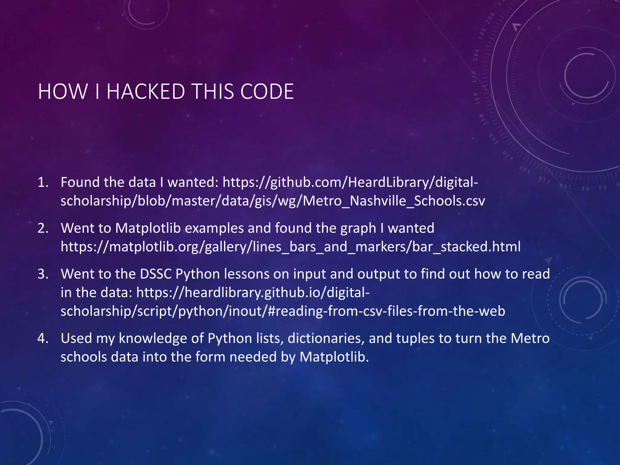 HOW I HACKED THIS CODE 1. Found the data I wanted: https://github.com/HeardLibrary/digital- scholarship/blob/master/data/gis/wg/Metro_Nashville_Schools.csv 2. Went to Matplotlib examples and found the graph I wanted https://matplotlib.org/gallery/lines_bars_and_markers/bar_stacked.html 3. Went to the DSSC Python lessons on input and output to find out how to read in the data: https://heardlibrary.github.io/digital- scholarship/script/python/inout/#reading-from-csv-files-from-the-web 4. Used my knowledge of Python lists, dictionaries, and tuples to turn the Metro schools data into the form needed by Matplotlib. 