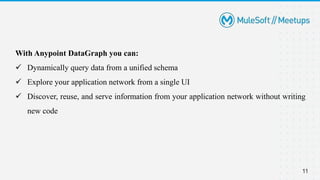 11
With Anypoint DataGraph you can:
 Dynamically query data from a unified schema
 Explore your application network from a single UI
 Discover, reuse, and serve information from your application network without writing
new code
 