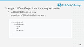  Anypoint Data Graph limits the query service to:
 A 30 seconds timeout per query
 A maximum of 100 selected fields per query.
23
 