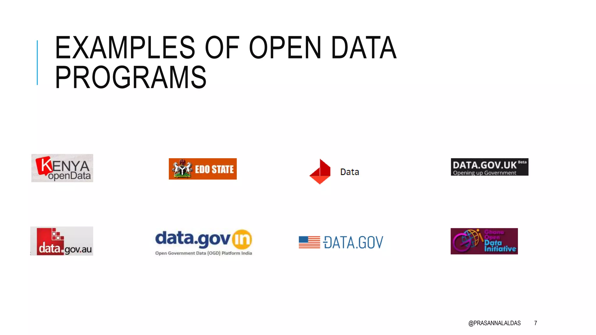 EXAMPLES OF OPEN DATA
PROGRAMS
@PRASANNALALDAS 7
 