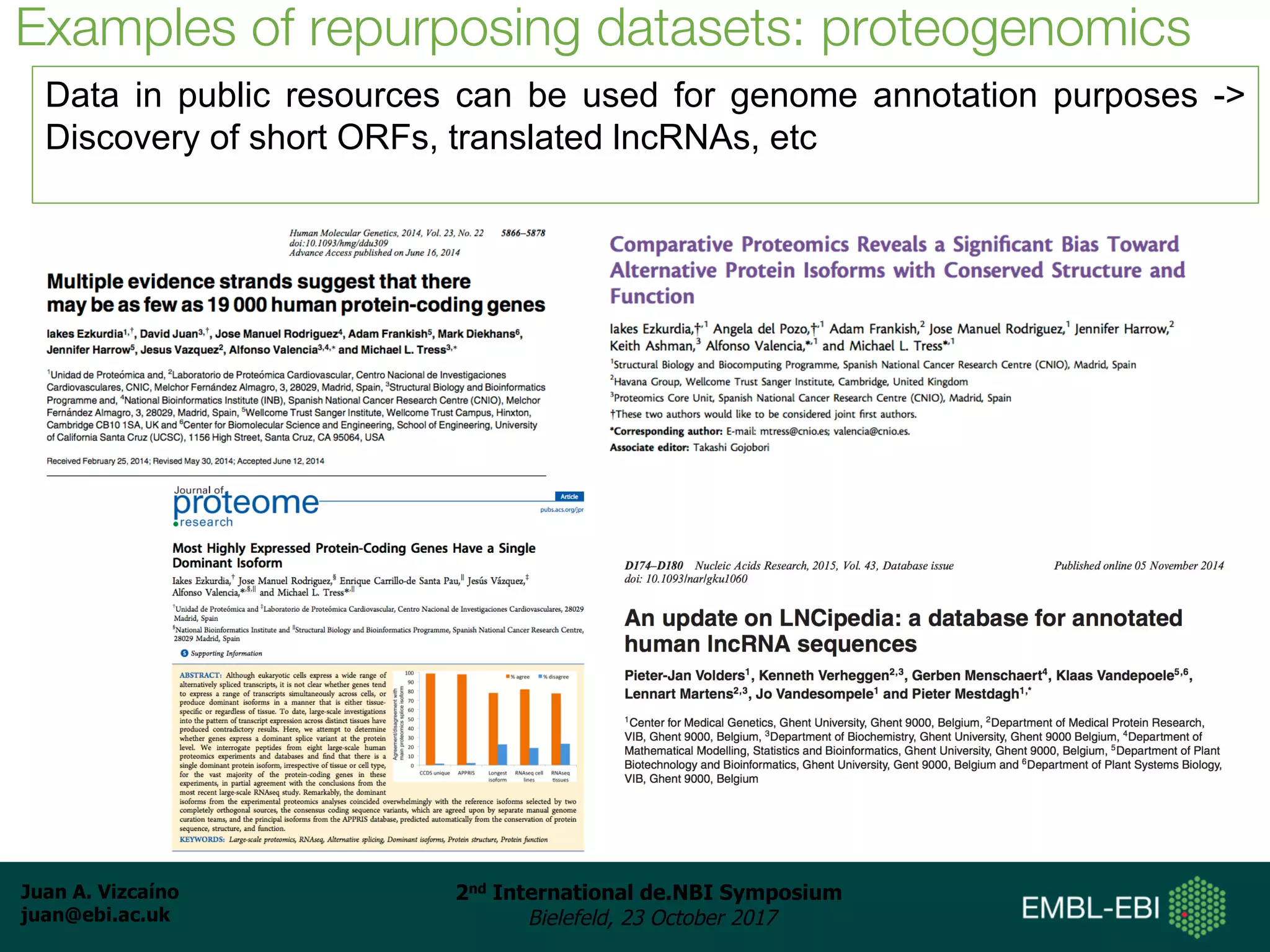 Juan A. Vizcaíno
juan@ebi.ac.uk
2nd International de.NBI Symposium
Bielefeld, 23 October 2017
Examples of repurposing datasets: proteogenomics
Data in public resources can be used for genome annotation purposes ->
Discovery of short ORFs, translated lncRNAs, etc
 