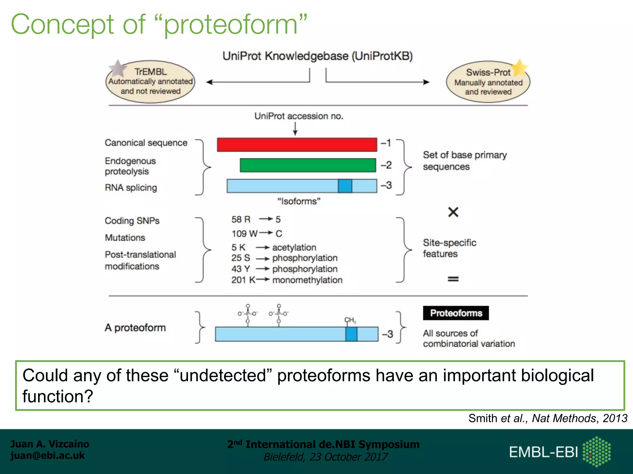 Juan A. Vizcaíno
juan@ebi.ac.uk
2nd International de.NBI Symposium
Bielefeld, 23 October 2017
Concept of “proteoform”
Could any of these “undetected” proteoforms have an important biological
function?
Smith et al., Nat Methods, 2013
 