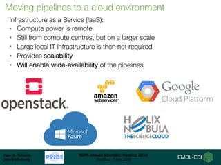 Juan A. Vizcaíno
juan@ebi.ac.uk
BSPR Annual Scientific Meeting 2018
Bradford, 9 July 2018
Infrastructure as a Service (IaaS):
• Compute power is remote
• Still from compute centres, but on a larger scale
• Large local IT infrastructure is then not required
• Provides scalability
• Will enable wide-availability of the pipelines
Moving pipelines to a cloud environment
 