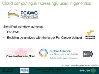 Juan A. Vizcaíno
juan@ebi.ac.uk
BSPR Annual Scientific Meeting 2018
Bradford, 9 July 2018
Cloud computing is increasingly used in genomics
Simplified workflow launcher:
• For AWS
• Enabling co-analysis with the larger PanCancer dataset
http://icgc.org/working-pancancer-data-aws
 
