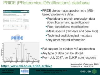 Juan A. Vizcaíno
juan@ebi.ac.uk
BSPR Annual Scientific Meeting 2018
Bradford, 9 July 2018
•PRIDE stores mass spectrometry (MS)-
based proteomics data:
•Peptide and protein expression data
(identification and quantification)
•Post-translational modifications
•Mass spectra (raw data and peak lists)
•Technical and biological metadata
•Any other related information
•Full support for tandem MS approaches
•Any type of data can be stored
•From July 2017, an ELIXIR core resource
PRIDE (PRoteomics IDEntifications) database
http://www.ebi.ac.uk/pride/archive
Martens et al., Proteomics, 2005
Vizcaíno et al., NAR, 2016
 