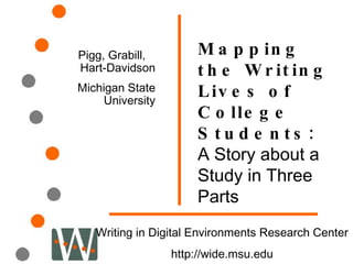 Mapping the Writing Lives of College Students:  A Story about a Study in Three Parts Pigg, Grabill,  Hart-Davidson Michigan State University Writing in Digital Environments Research Center http://wide.msu.edu 