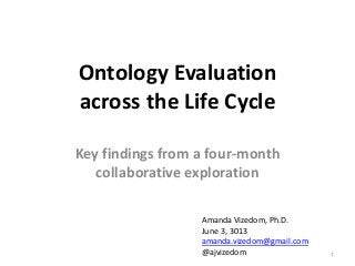 Ontology Evaluation
across the Life Cycle
Key findings from a four-month
collaborative exploration
Amanda Vizedom, Ph.D.
June 3, 3013
amanda.vizedom@gmail.com
@ajvizedom 1
 