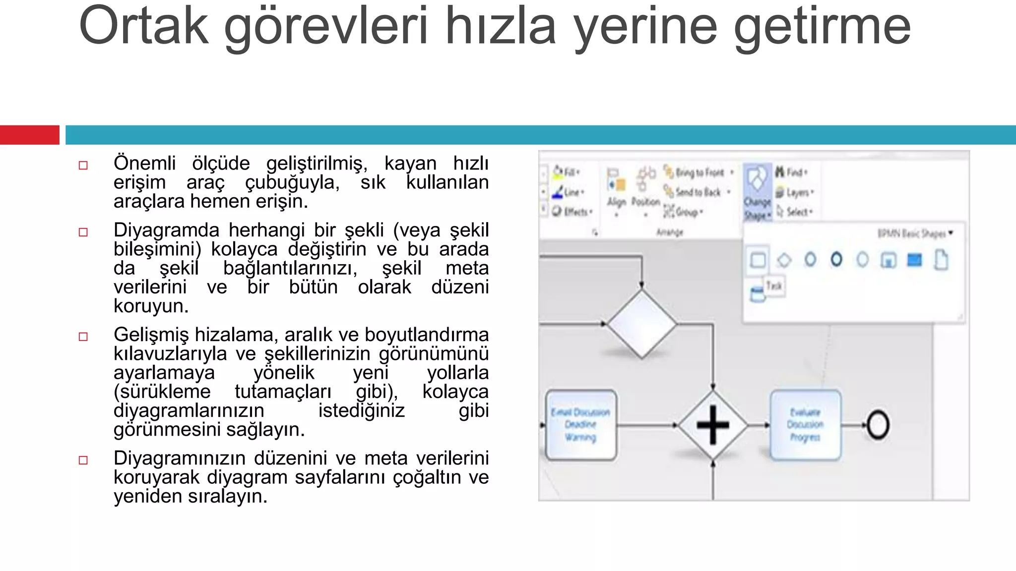 Ortak görevleri hızla yerine getirme
 Önemli ölçüde geliştirilmiş, kayan hızlı
erişim araç çubuğuyla, sık kullanılan
araçlara hemen erişin.
 Diyagramda herhangi bir şekli (veya şekil
bileşimini) kolayca değiştirin ve bu arada
da şekil bağlantılarınızı, şekil meta
verilerini ve bir bütün olarak düzeni
koruyun.
 Gelişmiş hizalama, aralık ve boyutlandırma
kılavuzlarıyla ve şekillerinizin görünümünü
ayarlamaya yönelik yeni yollarla
(sürükleme tutamaçları gibi), kolayca
diyagramlarınızın istediğiniz gibi
görünmesini sağlayın.
 Diyagramınızın düzenini ve meta verilerini
koruyarak diyagram sayfalarını çoğaltın ve
yeniden sıralayın.
 