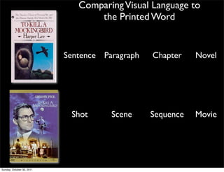 Comparing Visual Language to
                                  the Printed Word


                           Sentence Paragraph   Chapter    Novel




                            Shot      Scene     Sequence   Movie




Sunday, October 30, 2011
 