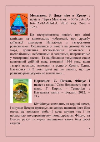 7
Мензатюк, З. Дике літо в Криму :
повість / Зірка Мензатюк. – Київ : А-БА-
БА-ГА-ЛА-МА-ГА, 2019, вид. 2-ге. –
192 с.
Це гостросюжетна повість про літні
канікули на кримському узбережжі, про дружбу
київської школярки Наталочки з татарськими
ровесниками. Оселившись у наметі на дикому березі
моря, допитлива п’ятикласниця зіткнеться з
несподіваними небезпеками й загадками, потраплятиме
у моторошні пастки. Та найбільшою таємницею стане
коштовний срібний пояс, схований 1944 року, коли
татарів насильно вивозили з рідного Криму. Однак
Наталочка та її нові друзі ще не знають, що цю
реліквію розшукують не тільки вони...
Нордквіст, С. Петсон, Фіндус і
намет : казка / Свен Нордквест; пер. з
швед. Г. Кирпи. – Тернопіль :
Навчальна книга – Богдан, 2012. –
24 с.
Кіт Фіндус знаходить на горищі намет,
і дідуньо Петсон пригадує, як колись напинав його біля
озера, де водилася риба. І хоча друзям так і не
пощастило по-справжньому помандрувати, Фіндус та
Петсон разом із курми напинають намет біля своєї
садиби...
 
