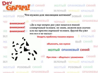 Что нужно для эволюции котиков?

внимания!
внимания!
внимания!

«Да и еще вопрос рас уже нашелся такой
сговорчивый человек. не знаю, может вам скучно
или вы просто хороший человек. другой бы уже
послал и не писал»
Увидеть проблему глазами игрока
объяснить, как нужно

При этом – общаться с уважением

 