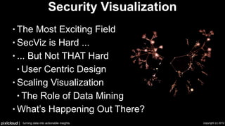 Security Visualization
      • The  Most Exciting Field
      • SecViz is Hard ...
      • ... But Not THAT Hard
        • User Centric Design
      • Scaling Visualization
        • The Role of Data Mining
      • What’s Happening Out There?
pixlcloud |   turning data into actionable insights       copyright (c) 2012
 