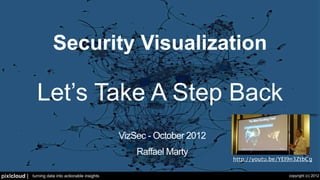 Security Visualization

                Let’s Take A Step Back
                                                      VizSec - October 2012
                                                          Raffael Marty
                                                                              http://youtu.be/maCfIMTSJgs


pixlcloud |   turning data into actionable insights                                              copyright (c) 2012
 