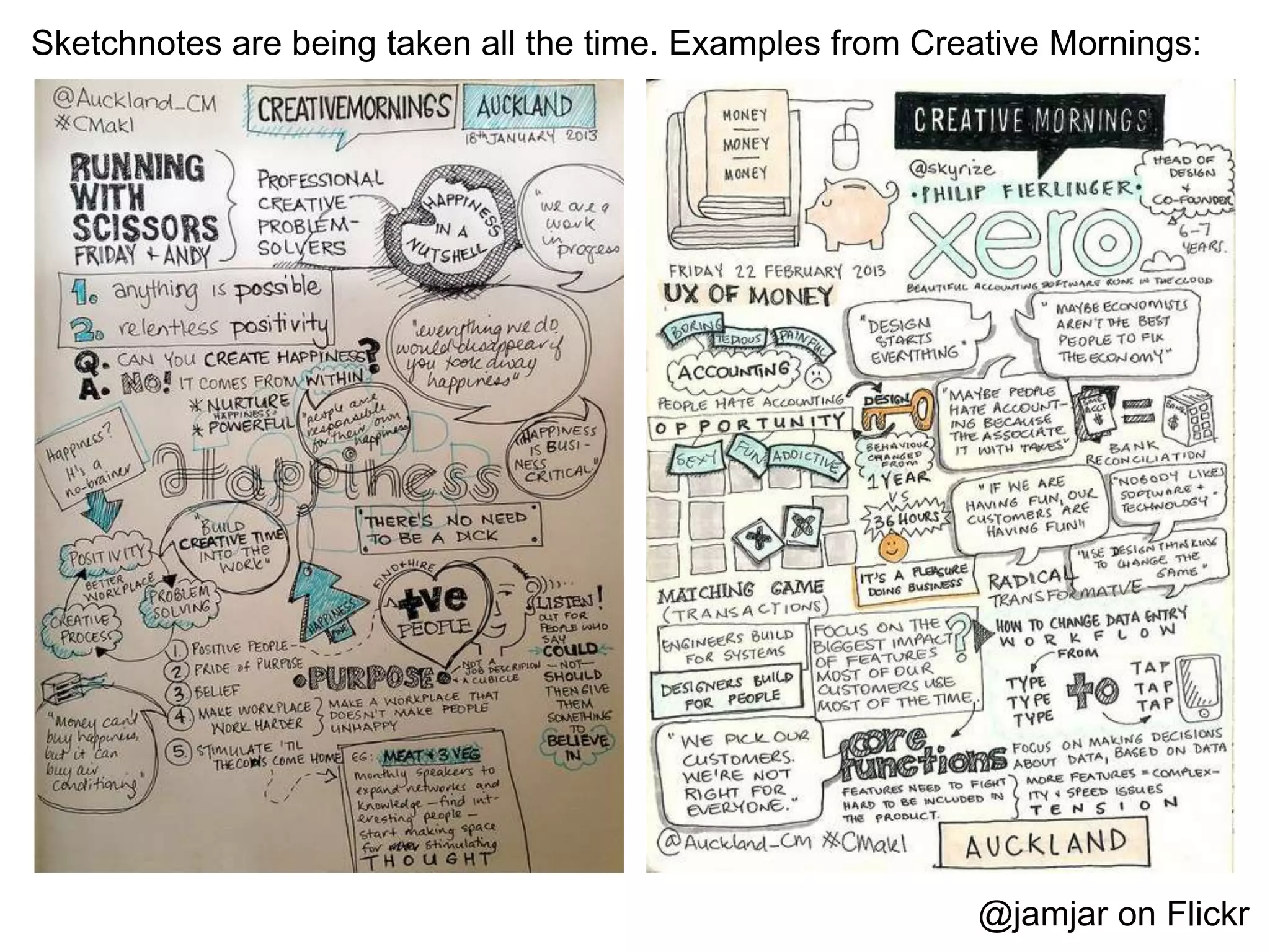 @jamjar on Flickr
Sketchnotes are being taken all the time. Examples from Creative Mornings:
 