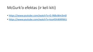 McGurk‘o efektas (ir keli kiti)
• https://www.youtube.com/watch?v=G-lN8vWm3m0
• https://www.youtube.com/watch?v=kzo45hWXRWU
 