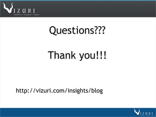 Questions???

           Thank you!!!


http://vizuri.com/insights/blog
 