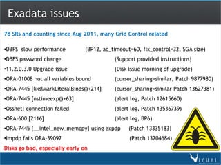 Exadata issues
78 SRs and counting since Aug 2011, many Grid Control related

•DBFS slow performance          (BP12, ac_timeout=60, fix_control=32, SGA size)
•DBFS password change                      (Support provided instructions)
•11.2.0.3.0 Upgrade issue                  (Disk issue morning of upgrade)
•ORA-01008 not all variables bound         (cursor_sharing=similar, Patch 9877980)
•ORA-7445 [kkslMarkLiteralBinds()+214]     (cursor_sharing=similar Patch 13627381)
•ORA-7445 [nstimeexp()+63]                 (alert log, Patch 12615660)
•Ossnet: connection failed                 (alert log, Patch 13536739)
•ORA-600 [2116]                            (alert log, BP6)
•ORA-7445 [__intel_new_memcpy] using expdp       (Patch 13335183)
•Impdp fails ORA-39097                           (Patch 13704684)
Disks go bad, especially early on
 