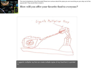 The local inhabitants of the Rivendell Planet are curious about the pizza you are munching as you step out of the
spacecraft. They would like to taste it.

How will you offer your favorite food to everyone?

A gigantic multiplier ray that can create multiple copies of any food that it is pointed
to.

 