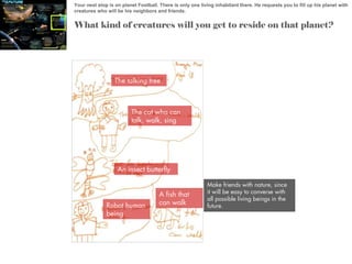 Your next stop is on planet Football. There is only one living inhabitant there. He requests you to fill up his planet with
creatures who will be his neighbors and friends.

What kind of creatures will you get to reside on that planet?

The talking tree

The cat who can
talk, walk, sing

An insect butterfly

Robot human
being

A fish that
can walk

Make friends with nature, since
it will be easy to converse with
all possible living beings in the
future.

 