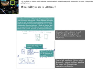 You are eager to explore more in space. But there seems to be no new planet immediately in sight… and you are
getting bored.

What will you do to kill time?

I would communicate with the help of my space telephone
with creatures of other planets. I would ask them about their
living, etc. and we would communicate with my translation
tool. I would also communicate with people back on earth
and tell them about my condition. I would ask them to send
me some entertainment like video games, and books. The
books will be e-books, powered by atmospheric resources.

Interaction with inhabitants of earth
and outer space through special
communication devices like “space
telephone”.

Camera (The stamp is a
camera)
The picture is here
on the first page of
the book

Special self populating E-books, which
let you click pictures and then populate
the pages with those pictures,
descriptions and details.

 