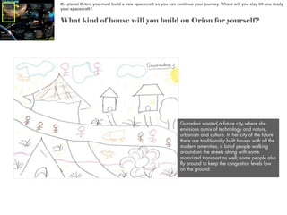 On planet Orion, you must build a new spacecraft so you can continue your journey. Where will you stay till you ready
your spacecraft?

What kind of house will you build on Orion for yourself?

Gunadevi wanted a future city where she
envisions a mix of technology and nature,
urbanism and culture. In her city of the future
there are traditionally built houses with all the
modern amenities; a lot of people walking
around on the streets along with some
motorized transport as well; some people also
fly around to keep the congestion levels low
on the ground.

 