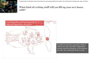 It seems like it will take some more time for your spacecraft to be ready. You will have to extend your stay on Orion.

What kind of exciting stuff will you fill up your new house
with?

I would take the small mammals and put in
there and take them in the rocket.

Sivasakthi envisioned a spaceship similar to
Noah’s Ark. She would like to keep all the
animals inside the spaceship so that wherever
she went, she could replicate life on Earth.

 