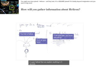 You sight one more planet – Helicon – and hey look, it’s a SQUARE planet!! It’s totally beyond imagination and you
want to dig more!

How will you gather information about Helicon?

You take a helmet

5 seconds later, you know
everything!
Put it on your
head

A super helmet that can explain anything in 5
seconds.

 