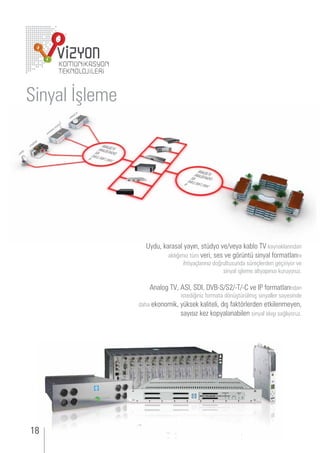 inyal şleme




                   yd , karasal yayın, st dyo e eya ka lo kaynaklarından
                          aldı ımı t m eri, ses e r nt sinyal ormatlarını
                                 i tiya larını do r lt s nda s re lerden e iriyor e
                                                   sinyal işleme altyapını ı k r yor .

                    nalo     ,      ,     ,                     e     ormatlarından
                                 istedi ini ormata d n şt r lmiş sinyaller sayesinde
               daha ekonomik, y ksek kaliteli, dış akt rlerden etkilenmeyen,
                              sayısı ke kopyalana ilen sinyal akışı sa lıyor .




18
 