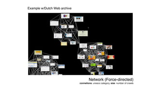 Network (Force-directed) 
connetions: unesco category, size: number of crawls
Example w/Dutch Web archive
 