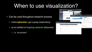 When to use visualization?
• Can be used throughout research process
• initial exploration, get a grasp (exploratory)
• as...