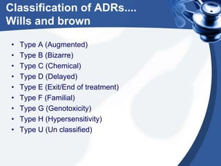 Classification of ADRs....
Wills and brown
•
•
•
•
•
•
•
•
•

Type A (Augmented)
Type B (Bizarre)
Type C (Chemical)
Type D...