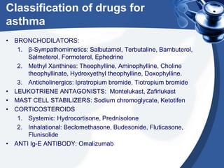 Classification of drugs for
asthma
• BRONCHODILATORS:
1. β-Sympathomimetics: Salbutamol, Terbutaline, Bambuterol,
Salmeterol, Formoterol, Ephedrine
2. Methyl Xanthines: Theophylline, Aminophylline, Choline
theophyllinate, Hydroxyethyl theophylline, Doxophylline.
3. Anticholinergics: Ipratropium bromide, Tiotropium bromide
• LEUKOTRIENE ANTAGONISTS: Montelukast, Zafirlukast
• MAST CELL STABILIZERS: Sodium chromoglycate, Ketotifen
• CORTICOSTEROIDS
1. Systemic: Hydrocortisone, Prednisolone
2. Inhalational: Beclomethasone, Budesonide, Fluticasone,
Flunisolide
• ANTI Ig-E ANTIBODY: Omalizumab
 