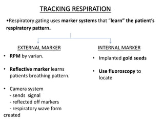 TRACKING RESPIRATION
•Respiratory gating uses marker systems that “learn” the patient’s
respiratory pattern.
EXTERNAL MARKER INTERNAL MARKER
• RPM by varian.
• Reflective marker learns
patients breathing pattern.
• Camera system
- sends signal
- reflected off markers
- respiratory wave form
created
• Implanted gold seeds
• Use fluoroscopy to
locate
 