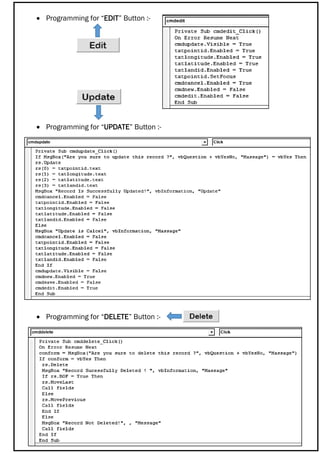  Programming for “EDIT” Button :-
 Programming for “UPDATE” Button :-
 Programming for “DELETE” Button :-
 