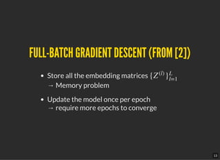 FULL-BATCH GRADIENT DESCENT (FROM [2])FULL-BATCH GRADIENT DESCENT (FROM [2])
Store all the embedding matrices
→ Memory problem
Update the model once per epoch
→ require more epochs to converge
{Z
(l)
}
L
l=1
13
 