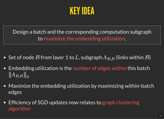 KEY IDEAKEY IDEA
Design a batch and the corresponding computation subgraph
to maximize the embedding utilization.
Set of node from layer 1 to , subgraph (links within )
Embedding utilization is the number of edges within this batch
Maximize the embedding utilization by maximizing within-batch
edges
Ef ciency of SGD updates now relates to graph clustering
algorithm
 L A, 
∥∥A,
∥∥0
17
 