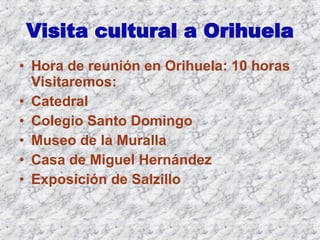 Visita cultural a Orihuela Hora de reunión en Orihuela: 10 horas Visitaremos: Catedral Colegio Santo Domingo Museo de la Muralla Casa de Miguel Hernández Exposición de Salzillo 