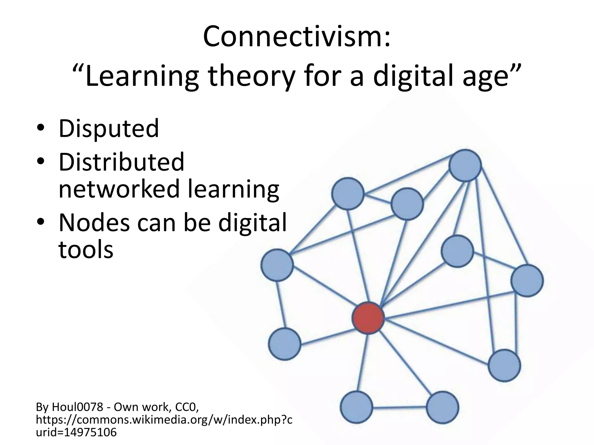 Connectivism:
“Learning theory for a digital age”
• Disputed
• Distributed
networked learning
• Nodes can be digital
tools
By Houl0078 - Own work, CC0,
https://commons.wikimedia.org/w/index.php?c
urid=14975106
 