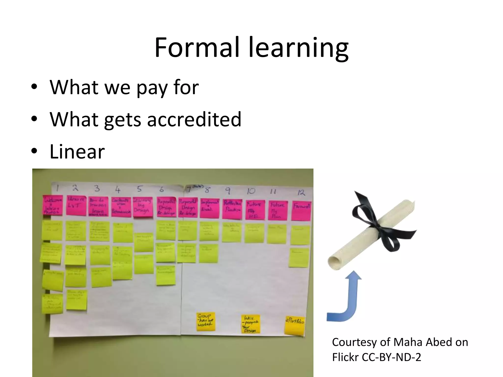 Formal learning
• What we pay for
• What gets accredited
• Linear
Courtesy of Maha Abed on
Flickr CC-BY-ND-2
 