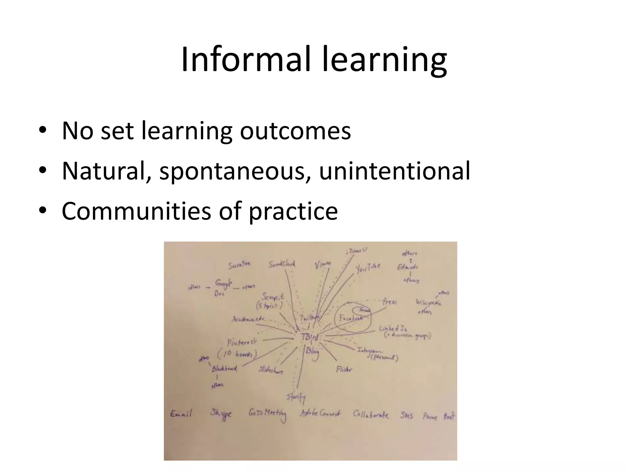 Informal learning
• No set learning outcomes
• Natural, spontaneous, unintentional
• Communities of practice
 