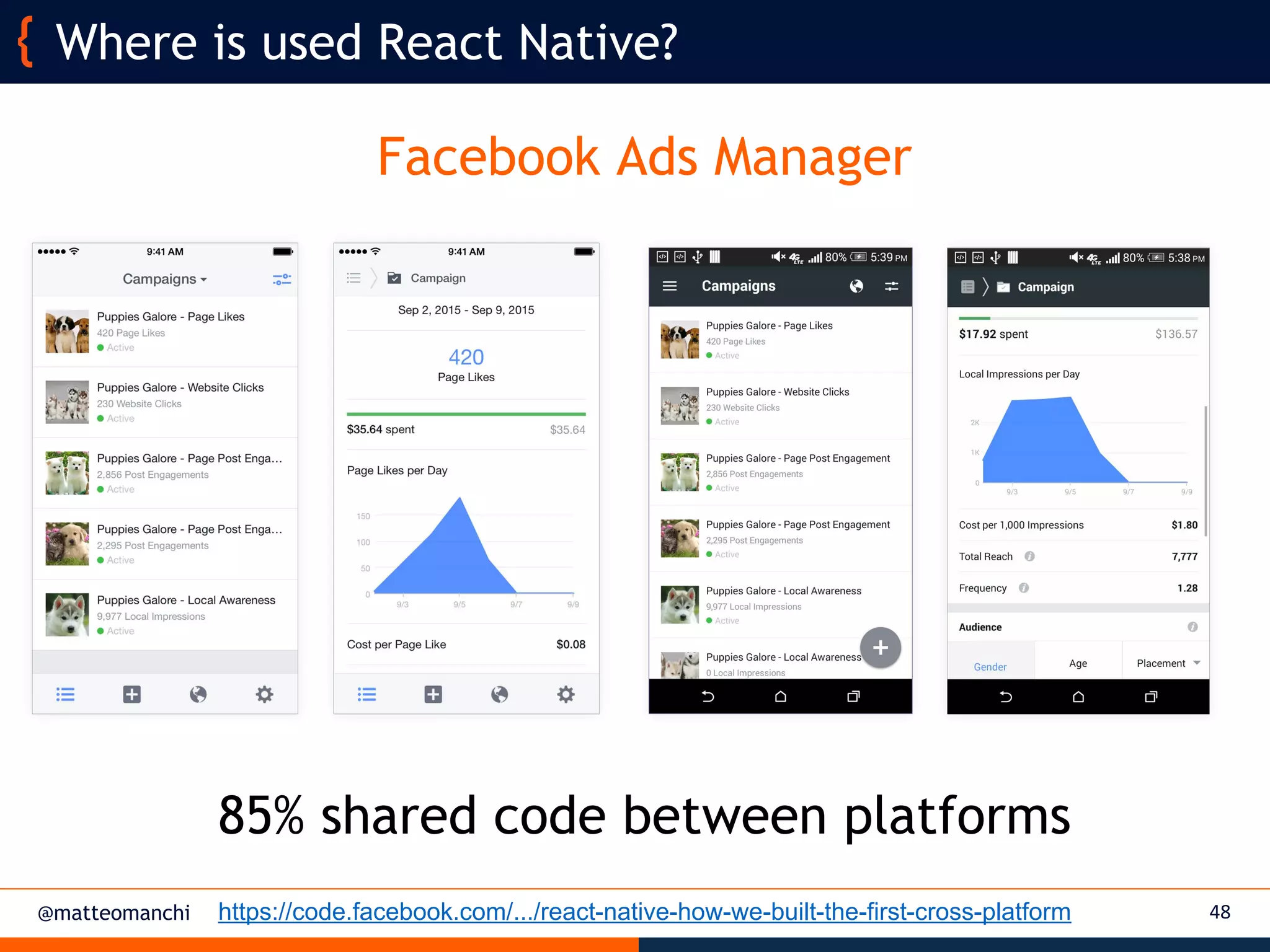 @matteomanchi
Facebook Ads Manager
48
Where is used React Native?
85% shared code between platforms
https://code.facebook.com/.../react-native-how-we-built-the-first-cross-platform
 
