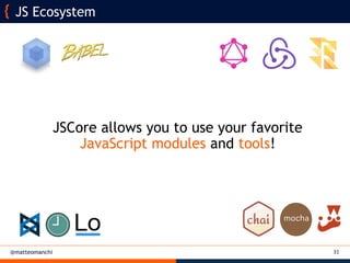 @matteomanchi
JSCore allows you to use your favorite
JavaScript modules and tools!
31
JS Ecosystem
 