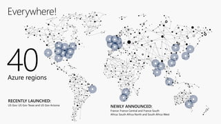 40Azure regions
Everywhere!
RECENTLY LAUNCHED:
US Gov: US Gov Texas and US Gov Arizona
NEWLY ANNOUNCED:
France: France Central and France South
Africa: South Africa North and South Africa West
 