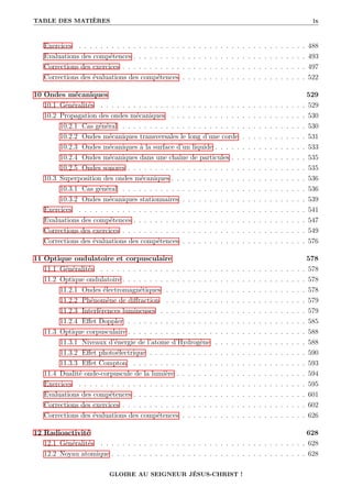 TABLE DES MATIÈRES ix
Exercices . . . . . . . . . . . . . . . . . . . . . . . . . . . . . . . . . . . . . . . . . . 488
Evaluations des compétences . . . . . . . . . . . . . . . . . . . . . . . . . . . . . . . . 493
Corrections des exercices . . . . . . . . . . . . . . . . . . . . . . . . . . . . . . . . . . 497
Corrections des évaluations des compétences . . . . . . . . . . . . . . . . . . . . . . . 522
10 Ondes mécaniques 529
10.1 Généralités . . . . . . . . . . . . . . . . . . . . . . . . . . . . . . . . . . . . . . 529
10.2 Propagation des ondes mécaniques . . . . . . . . . . . . . . . . . . . . . . . . . 530
10.2.1 Cas général . . . . . . . . . . . . . . . . . . . . . . . . . . . . . . . . . . 530
10.2.2 Ondes mécaniques transversales le long d’une corde . . . . . . . . . . . . 531
10.2.3 Ondes mécaniques à la surface d’un liquide . . . . . . . . . . . . . . . . . 533
10.2.4 Ondes mécaniques dans une chaîne de particules . . . . . . . . . . . . . . 535
10.2.5 Ondes sonores . . . . . . . . . . . . . . . . . . . . . . . . . . . . . . . . . 535
10.3 Superposition des ondes mécaniques . . . . . . . . . . . . . . . . . . . . . . . . . 536
10.3.1 Cas général . . . . . . . . . . . . . . . . . . . . . . . . . . . . . . . . . . 536
10.3.2 Ondes mécaniques stationnaires . . . . . . . . . . . . . . . . . . . . . . . 539
Exercices . . . . . . . . . . . . . . . . . . . . . . . . . . . . . . . . . . . . . . . . . . 541
Evaluations des compétences . . . . . . . . . . . . . . . . . . . . . . . . . . . . . . . . 547
Corrections des exercices . . . . . . . . . . . . . . . . . . . . . . . . . . . . . . . . . . 549
Corrections des évaluations des compétences . . . . . . . . . . . . . . . . . . . . . . . 576
11 Optique ondulatoire et corpusculaire 578
11.1 Généralités . . . . . . . . . . . . . . . . . . . . . . . . . . . . . . . . . . . . . . 578
11.2 Optique ondulatoire . . . . . . . . . . . . . . . . . . . . . . . . . . . . . . . . . . 578
11.2.1 Ondes électromagnétiques . . . . . . . . . . . . . . . . . . . . . . . . . . 578
11.2.2 Phénomène de diffraction . . . . . . . . . . . . . . . . . . . . . . . . . . 579
11.2.3 Interférences lumineuses . . . . . . . . . . . . . . . . . . . . . . . . . . . 579
11.2.4 Effet Doppler . . . . . . . . . . . . . . . . . . . . . . . . . . . . . . . . . 585
11.3 Optique corpusculaire . . . . . . . . . . . . . . . . . . . . . . . . . . . . . . . . . 588
11.3.1 Niveaux d’énergie de l’atome d’Hydrogène . . . . . . . . . . . . . . . . . 588
11.3.2 Effet photoélectrique . . . . . . . . . . . . . . . . . . . . . . . . . . . . . 590
11.3.3 Effet Compton . . . . . . . . . . . . . . . . . . . . . . . . . . . . . . . . 593
11.4 Dualité onde-corpuscule de la lumière . . . . . . . . . . . . . . . . . . . . . . . . 594
Exercices . . . . . . . . . . . . . . . . . . . . . . . . . . . . . . . . . . . . . . . . . . 595
Evaluations des compétences . . . . . . . . . . . . . . . . . . . . . . . . . . . . . . . . 601
Corrections des exercices . . . . . . . . . . . . . . . . . . . . . . . . . . . . . . . . . . 602
Corrections des évaluations des compétences . . . . . . . . . . . . . . . . . . . . . . . 626
12 Radioactivité 628
12.1 Généralités . . . . . . . . . . . . . . . . . . . . . . . . . . . . . . . . . . . . . . 628
12.2 Noyau atomique . . . . . . . . . . . . . . . . . . . . . . . . . . . . . . . . . . . . 628
GLOIRE AU SEIGNEUR JÉSUS-CHRIST !
 