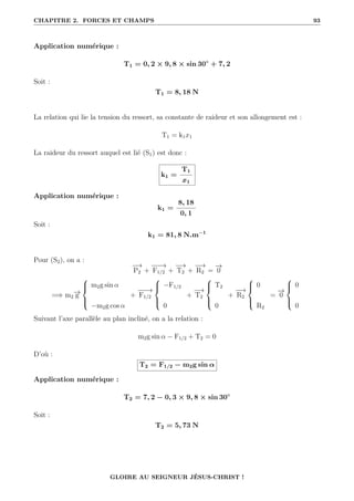 CHAPITRE 2. FORCES ET CHAMPS 93
Application numérique :
T1 = 0, 2 × 9, 8 × sin 30◦
+ 7, 2
Soit :
T1 = 8, 18 N
La relation qui lie la tension du ressort, sa constante de raideur et son allongement est :
T1 = k1x1
La raideur du ressort auquel est lié (S1) est donc :
k1 =
T1
x1
Application numérique :
k1 =
8, 18
0, 1
Soit :
k1 = 81, 8 N.m−1
Pour (S2), on a :
−
→
P2 +
−
−
−
→
F1/2 +
−
→
T2 +
−
−
→
R2 =
−
→
0
=⇒ m2
−
→
g





m2g sin α
−m2g cos α
+
−
−
−
→
F1/2





−F1/2
0
+
−
→
T2





T2
0
+
−
−
→
R2





0
R2
=
−
→
0





0
0
Suivant l’axe parallèle au plan incliné, on a la relation :
m2g sin α − F1/2 + T2 = 0
D’où :
T2 = F1/2 − m2g sin α
Application numérique :
T2 = 7, 2 − 0, 3 × 9, 8 × sin 30◦
Soit :
T2 = 5, 73 N
GLOIRE AU SEIGNEUR JÉSUS-CHRIST !
 