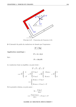 CHAPITRE 2. FORCES ET CHAMPS 104
Figure 2.47 – Correction de l’exercice 2.13.
2- L’intensité du poids du conducteur est donnée par l’expression :
P = Mg
Application numérique :
P = 2 × 9, 8
Soit :
P = 19, 6 N
Le conducteur étant en équilibre, on peut écrire :
−
→
P +
−
→
F +
−
→
R =
−
→
0
=⇒
−
→
P





0
−P
+
−
→
F





F sin β
F cos β
+
−
→
R





−R sin α
R cos α
=
−
→
0





0
0
=⇒





R sin α = F sin β
R cos α + F cos β = P
De la première relation, on peut poser :
R =
F sin β
sin α
=⇒
F sin β cos α
sin α
+ F cos β = P
GLOIRE AU SEIGNEUR JÉSUS-CHRIST !
 