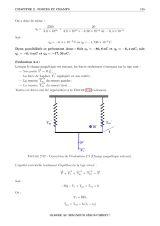 CHAPITRE 2. FORCES ET CHAMPS 115
On a donc de même :
q2 =
2500
3, 6 × 1010
+
20
3, 6 × 1010 × −8, 68 × 10−8 ou − 6, 4 × 10−3
Soit :
q2 = −6, 4 × 10−3
C ou q2 = −1, 736 × 10−8
C
Deux possibilités se présentent donc : Soit q1 = −86, 8 nC et q2 = −6, 4 mC, soit
q1 = −6, 4 mC et q2 = −17, 36 nC.
Evaluation 2.3 :
Lorsque le champ magnétique est entrant, les forces extérieures s’exerçant sur la tige sont :
— Son poids
−
→
P = M−
→
g ;
— La force de Laplace
−
→
F1 appliquée en son centre ;
— La tension
−
−
→
Tg1 du ressort gauche ;
— La tension
−
−
→
Td1 du ressort droit.
Toutes ces forces ont été représentées à la Figure 2.52 ci-dessous.
Figure 2.52 – Correction de l’évaluation 2.3 (Champ magnétique entrant).
L’égalité vectorielle traduisant l’équilibre de la tige s’écrit :
−
→
P +
−
→
F1 +
−
−
→
Tg1 +
−
−
→
Td1 =
−
→
0
Soit :
−Mg − F1 + Tg1 + Td1 = 0
Or :
F1 = BIL
Tg1 = Td1 = k (`1 − `0)
GLOIRE AU SEIGNEUR JÉSUS-CHRIST !
 