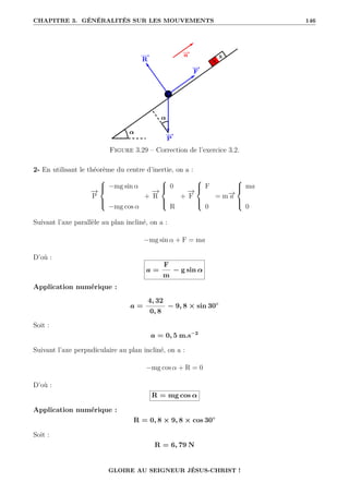 CHAPITRE 3. GÉNÉRALITÉS SUR LES MOUVEMENTS 146
Figure 3.29 – Correction de l’exercice 3.2.
2- En utilisant le théorème du centre d’inertie, on a :
−
→
P





−mg sin α
−mg cos α
+
−
→
R





0
R
+
−
→
F





F
0
= m−
→
a





ma
0
Suivant l’axe parallèle au plan incliné, on a :
−mg sin α + F = ma
D’où :
a =
F
m
− g sin α
Application numérique :
a =
4, 32
0, 8
− 9, 8 × sin 30◦
Soit :
a = 0, 5 m.s−2
Suivant l’axe perpndiculaire au plan incliné, on a :
−mg cos α + R = 0
D’où :
R = mg cos α
Application numérique :
R = 0, 8 × 9, 8 × cos 30◦
Soit :
R = 6, 79 N
GLOIRE AU SEIGNEUR JÉSUS-CHRIST !
 