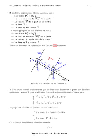 CHAPITRE 3. GÉNÉRALITÉS SUR LES MOUVEMENTS 151
2- Les forces appliquées au bloc de masse M1 sont :
— Son poids
−
→
P1 = M1
−
→
g ;
— La réaction normale
−
−
−
→
RN1 de la pente ;
— La tension
−
→
T de la part de la corde ;
— La force
−
→
F ;
— La force de frottement
−
→
f .
Les forces appliquées au bloc de masse M2 sont :
— Son poids
−
→
P2 = M2
−
→
g ;
— La réaction normale
−
−
−
→
RN2 de la pente ;
— La tension
−
→
T0
de la part de la corde ;
— La force de frottement
−
→
f .
Toutes ces forces ont été représentées à la Figure 3.32 ci-dessous.
Figure 3.32 – Correction de l’exercice 3.4.
3- Nous avons montré précédemment que les deux blocs descendent la pente avec la même
accélération. Notons −
→
a cette accélération. D’après le théorème du centre d’inertie, on a :





−
→
P1 +
−
−
−
→
RN1 +
−
→
T +
−
→
F +
−
→
f = M1
−
→
a
−
→
P2 +
−
−
−
→
RN2 +
−
→
T0
+
−
→
f = M2
−
→
a
En projettant suivant l’axe parallèle au plan incliné, on a :





M1g sin α − T + F cos β − f = M1a
M2g sin α + T0
− f = M2a
Or, la tension dans la corde a la même intensité :
T0
= T
GLOIRE AU SEIGNEUR JÉSUS-CHRIST !
 