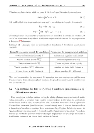 CHAPITRE 4. MOUVEMENTS À ACCÉLÉRATION CONSTANTE 183
L’abscisse angulaire θ(t) du solide est quant à elle donnée par l’équation horaire suivante :
θ(t) =
1
2
θ̈t2
+ ω0t + θ0 (4.12)
Si le solide débute son mouvement avec un retard τ, les relations précédentes deviennent :
θ̇(t) = θ̈(t − τ) + ω0 (4.13)
θ(t) =
1
2
θ̈(t − τ)2
+ ω0(t − τ) + θ0 (4.14)
Les analogies entre les paramètres d’un mouvement de translation à accélération constante, et
ceux d’un mouvement de rotation à accélération angulaire constante ont été regroupées dans
le Tableau 4.1 ci-dessous.
Tableau 4.1 – Analogies entre les mouvements de translation et de rotation à accélération
constante.
Paramètres du mouvement de translation Paramètres du mouvement de rotation
Vecteur-accélération (constant) −
→
a Accélération angulaire (constante) θ̈
Vecteur position initiale
−
−
−
→
OG0 Abscisse angulaire initiale θ0
Vecteur-vitesse initiale
−
−
→
V0 Vitesse angulaire initiale ω0 = θ̇0
Vecteur position
−
−
→
OG (t) à l’instant t Abscisse angulaire θ(t) à l’instant t
Vecteur-vitesse
−
→
V (t) à l’instant t Vitesse angulaire θ̇(t) à l’instant t
Alors que les paramètres du mouvement de translation sont des grandeurs vectorielles, ceux
d’un mouvement de rotation sont plutôt réduites à des grandeurs scalaires, car il n’existe qu’un
seul axe de rotation.
4.2 Applications des lois de Newton à quelques mouvements à ac-
célération constante
Pour résoudre un problème mettant en jeu des solides effectuant des mouvements à accélé-
rations constantes, la première étape consiste presque toujours à déterminer les accélérations
de ces solides. Pour ce faire, on aura recours soit à la relation fondamentale de la dynamique
d’un solide en translation (ou théorème du centre d’inertie), soit à la relation fondamentale de
la dynamique d’un solide en rotation. Après avoir trouvé l’accélération, il s’agira de trouver les
équations horaires du mouvement, et éventuellement les équations de la trajectoire. Nous allons
dans ce qui suit traiter quelques exemples classiques de problèmes de dynamique des solides à
accélérations constantes, en faisant appel aux lois de Newton.
GLOIRE AU SEIGNEUR JÉSUS-CHRIST !
 